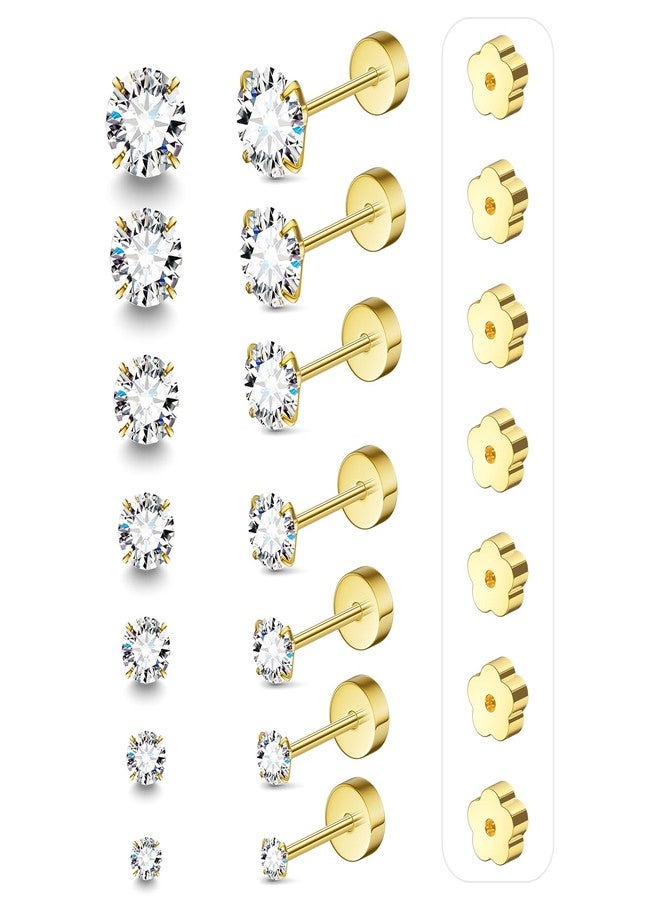 davka 7 Pairs 20G Flat Back Stud Earrings for Women Men Hypoallergenic 14K Gold Plated Surgical Steel Stack Cartilage Earrings for Multiple Piercing Sensitive Ears Bonus Plum Blossom FlatBack Studs CZ 2-8mm - Image 1